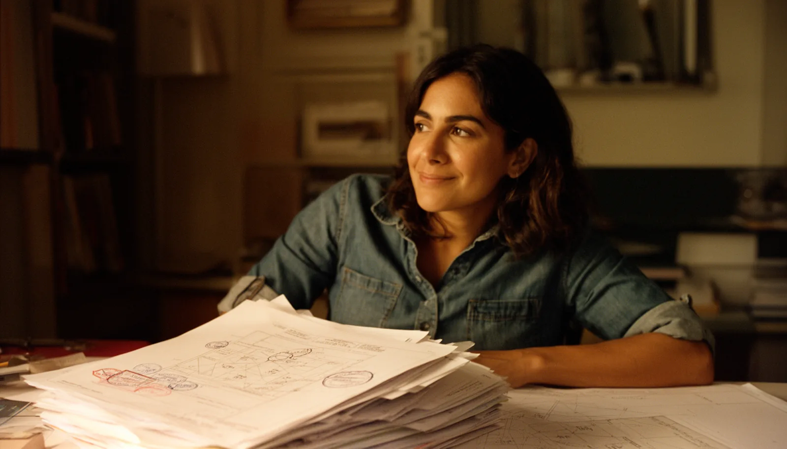 An urban planner at her desk in warm evening light, satisfied beside a finished, organized stack of stamped zoning documents.