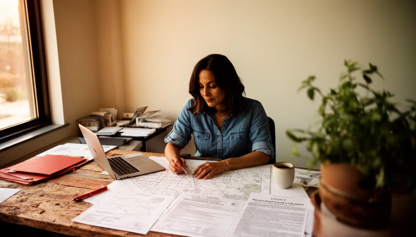 An urban planner at a sunlit desk reviewing paper zoning maps beside a laptop, a brick-red folder and a red pen within reach.