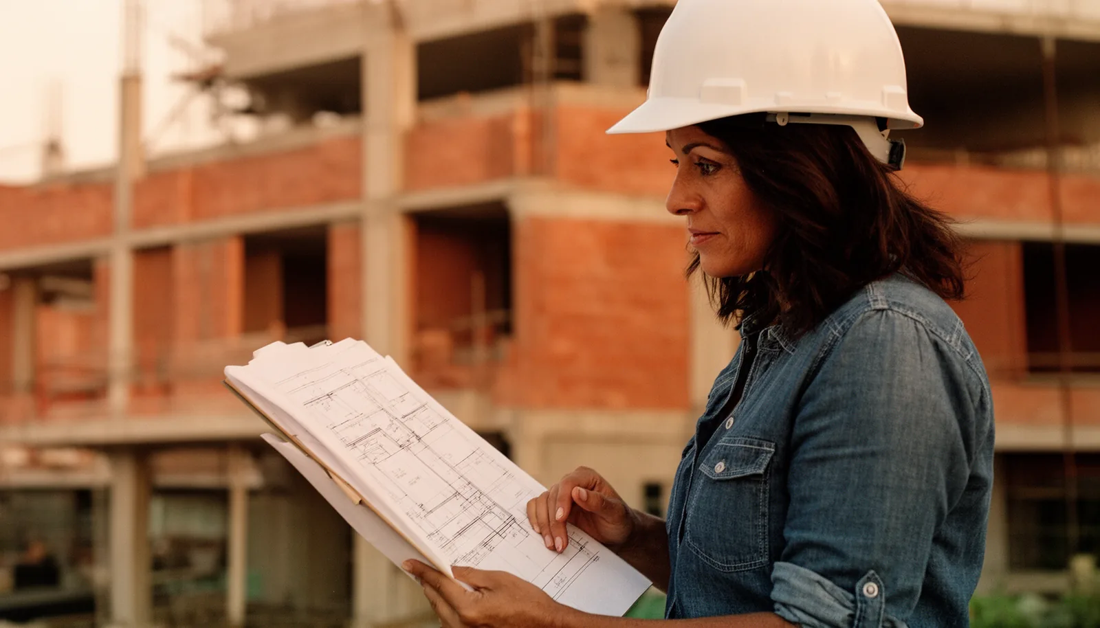An urban planner in a hard hat reviewing site plans at a low-rise construction site in warm morning light.