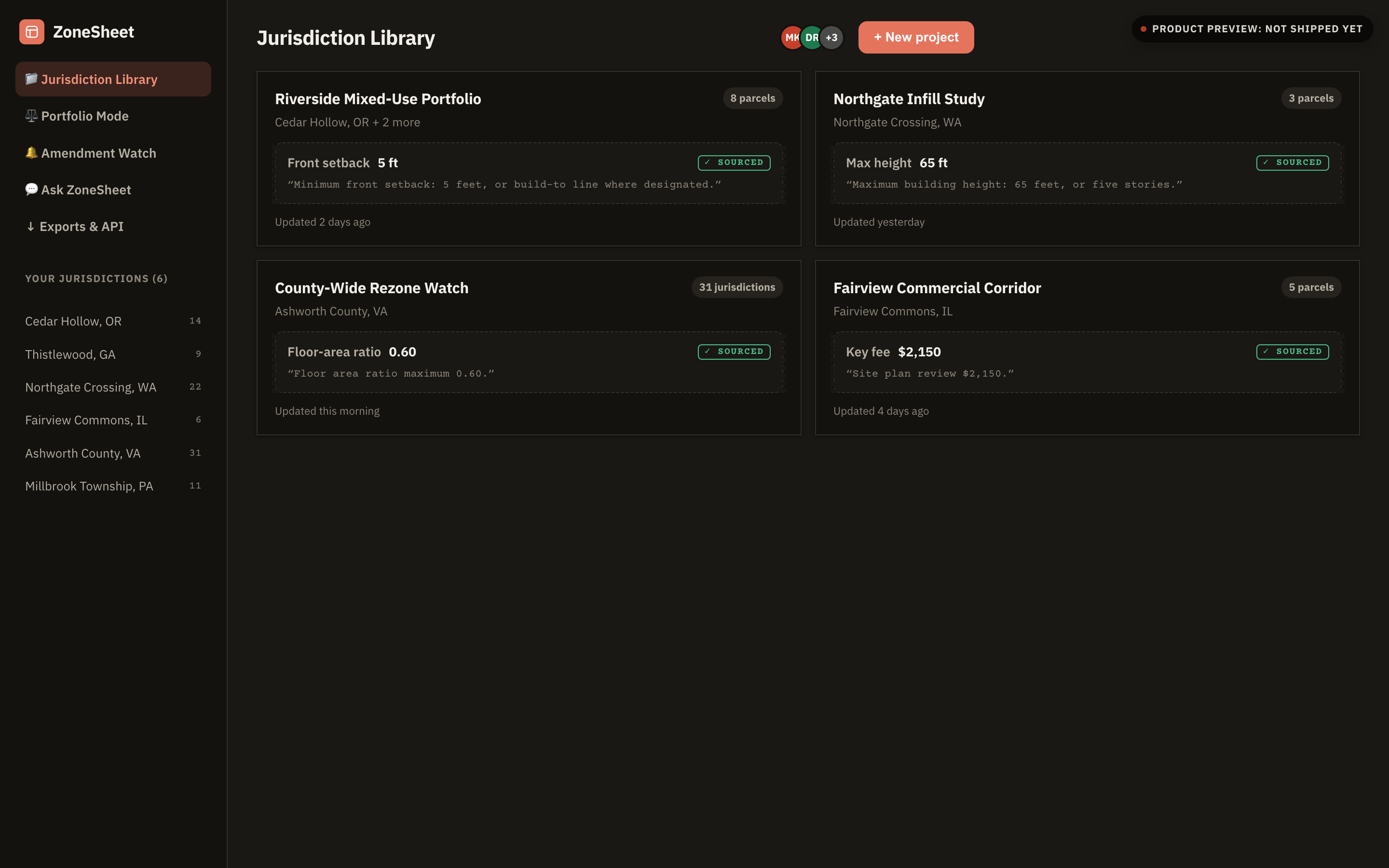 Design mockup of the Jurisdiction Library dashboard, dark theme