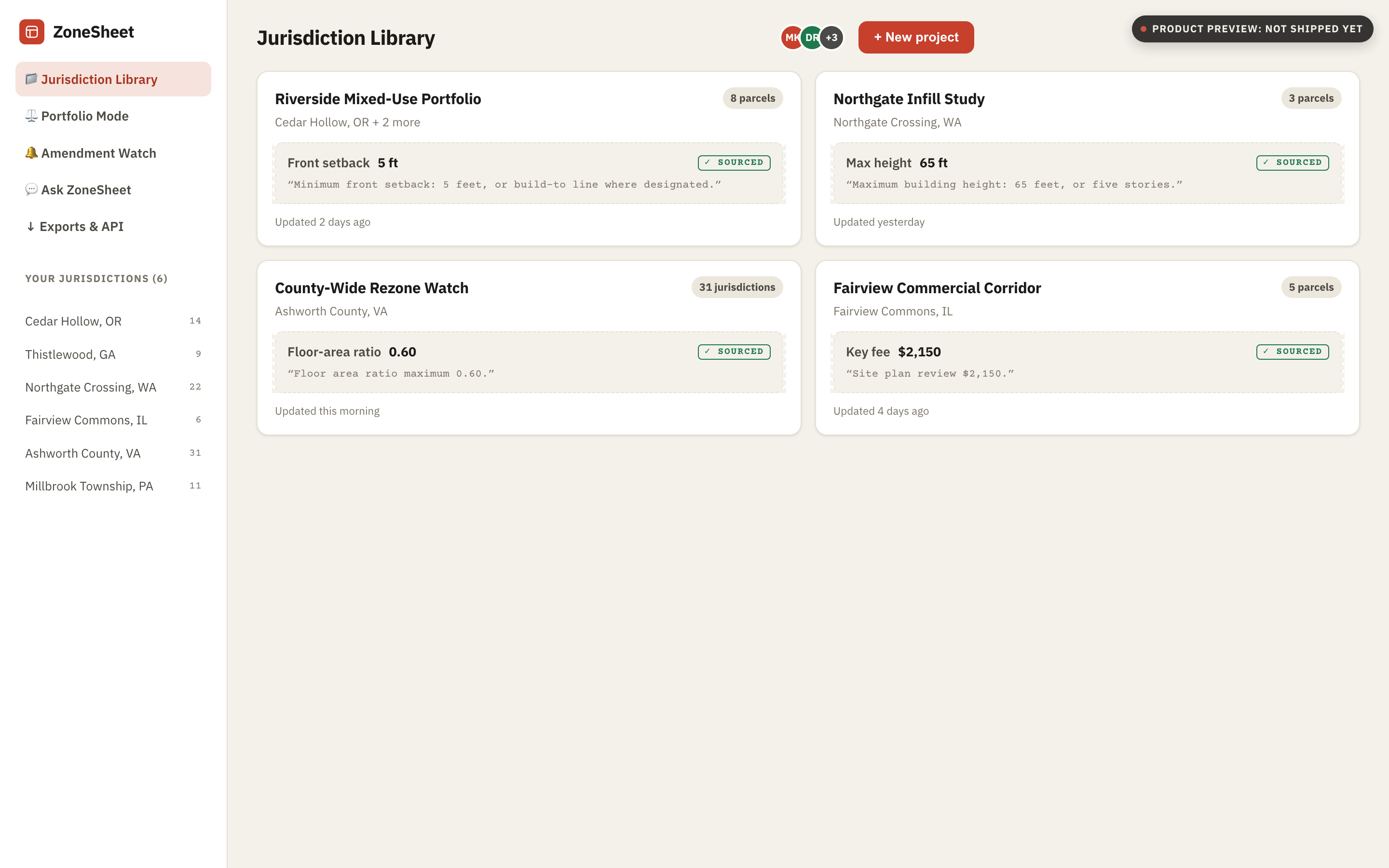 Design mockup of the Jurisdiction Library dashboard: jurisdictions, project cards, and team members