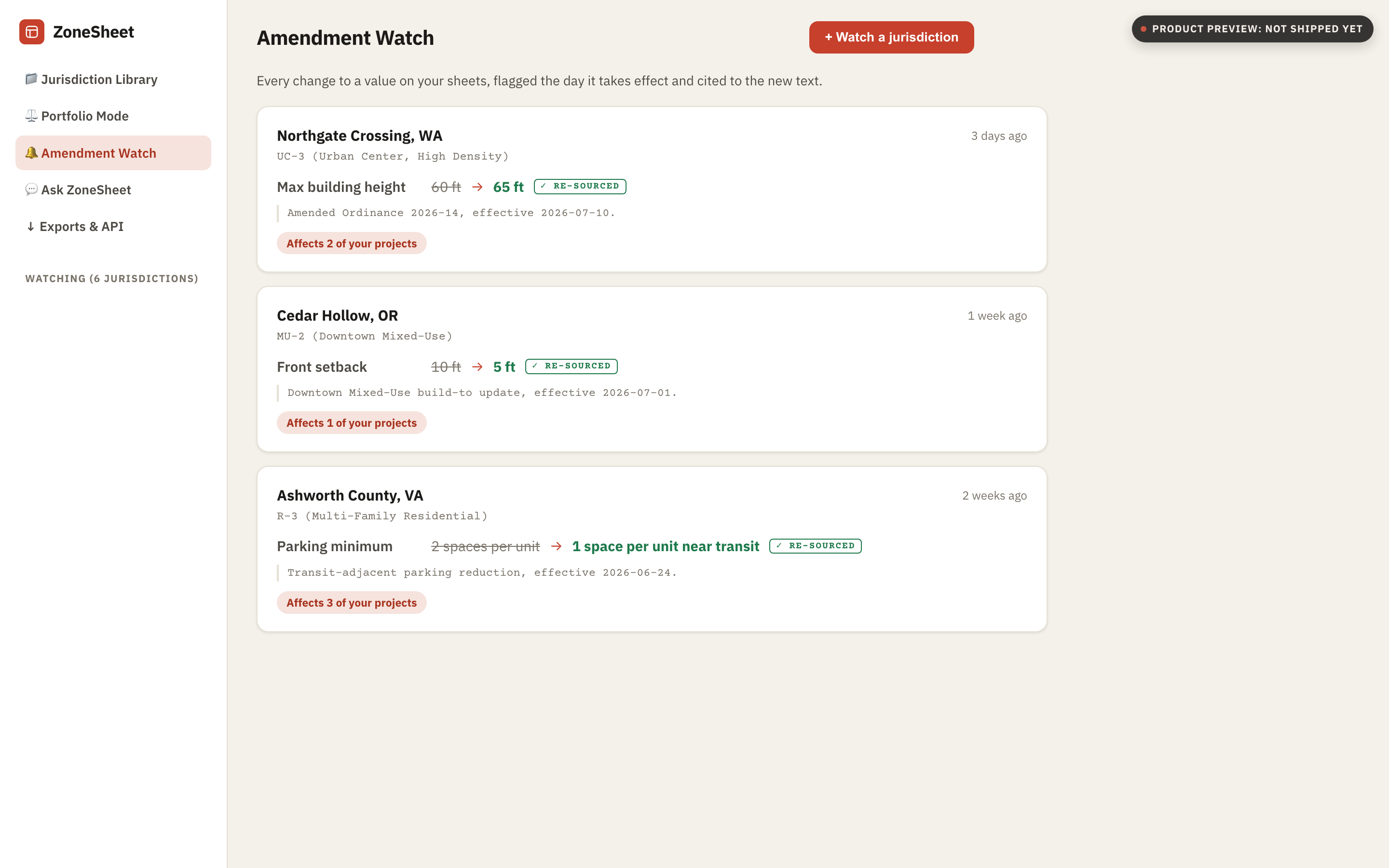 Design mockup of Amendment Watch: a dated feed of zoning changes, each with the old value struck through and the new value cited