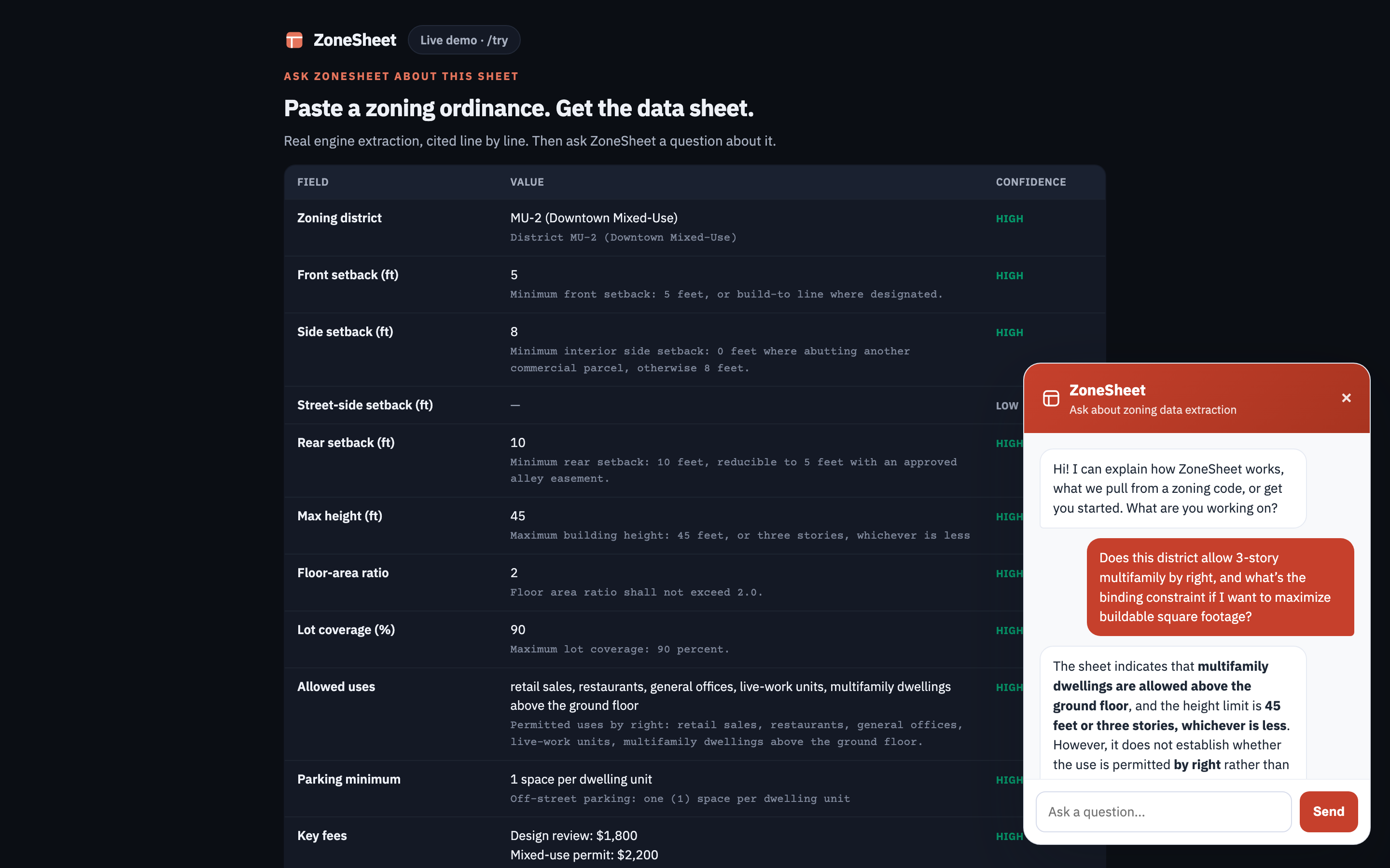 ZoneSheet chat answering a question about a zoning extraction sheet, dark theme