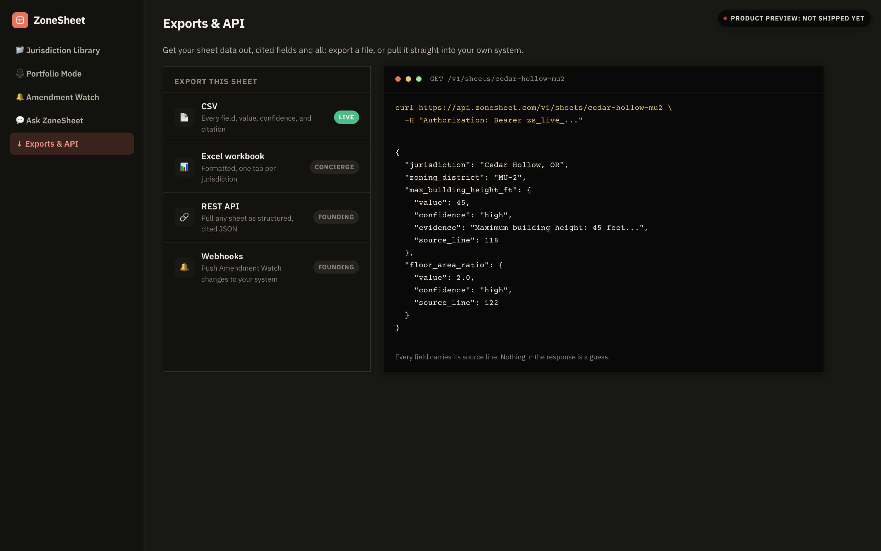 Design mockup of the ZoneSheet export menu and API response, dark theme
