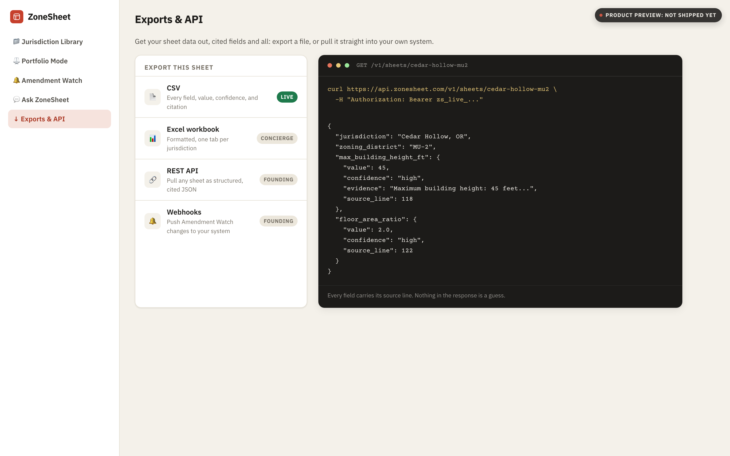 Design mockup of the ZoneSheet export menu and a curl request returning cited zoning data as JSON